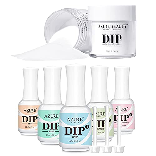 AZUREBEAUTY Dipping Powder Clear Color 2OZ with 5+3 Pcs Dipping Powder Liquid Set- 15ml Large Capacity Dip Powder Base & Top, Bond, Activator, Brush Saver for Dip Powder Nail Kit No Nail Lamp Needed