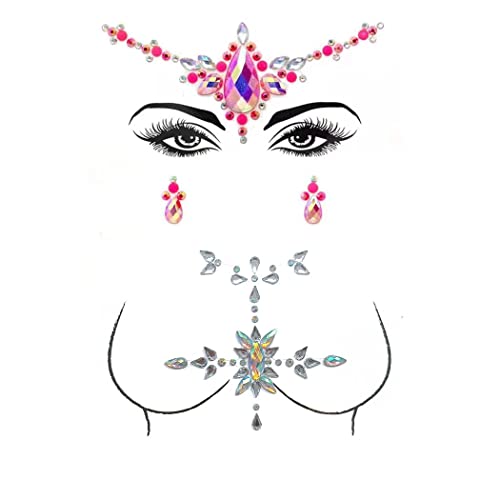 Rhinestone Mermaid Face Gems Rave Body Jewelry Tattoo Pink Body Stickers Festival Chest Gems for Women and Girls 2PC