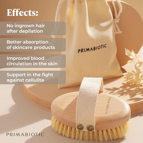Primabiotic Body Massage Brush with Pouch ? Eco-Friendly Product from Europe ? Beech Wood & Agave Fibers ? Oval Handle with Cotton Strap ? Ideal for Dry Massage and Cellulite Reduction