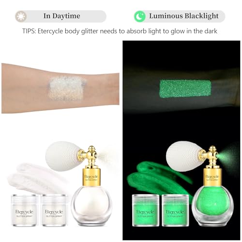 Etercycle Body Glitter Spray, Glow in The Dark Party Supplies Hair Glitter, Extra Fine Face Shimmer Powder UV Black Light Sparkly Glitter Gifts for Glow Party Halloween Easter Rave Accessories Makeup