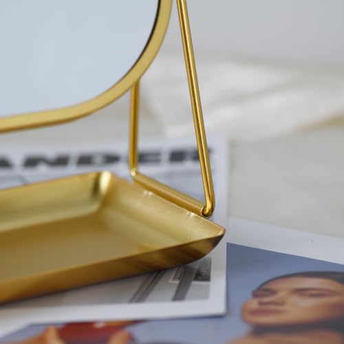 360 Degrees Rotating Metal Makeup Mirror with Storage, Vanity Mirror for Desk, Bathroom, Bedroom, Dressing Table (Gold)