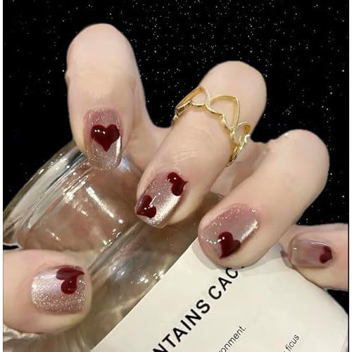 Salon Effect Handmade Press On Nails Love Heart Shimmery Cat Eyes Gel Hand Painted Short Square False Nails Red for Girls 10 Pieces (Love Heart Square, S)
