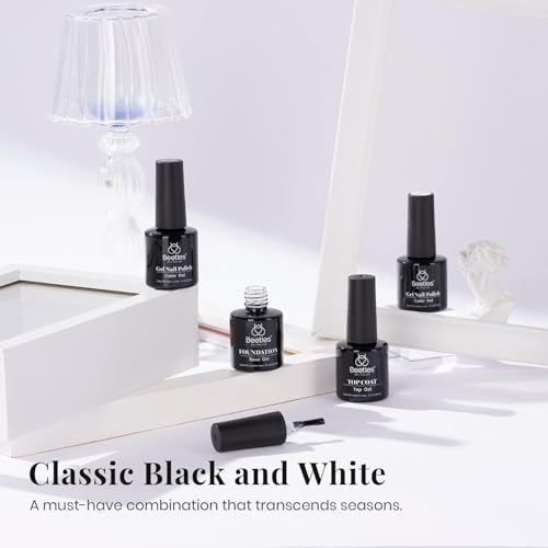 Beetles Black White Gel Polish Set - 4Pcs Gel Polish Kit Black White Colors Gel with No Wipe Top & Base Coat Nail Kit Soak Off UV LED Lamp Manicure Salon DIY Home