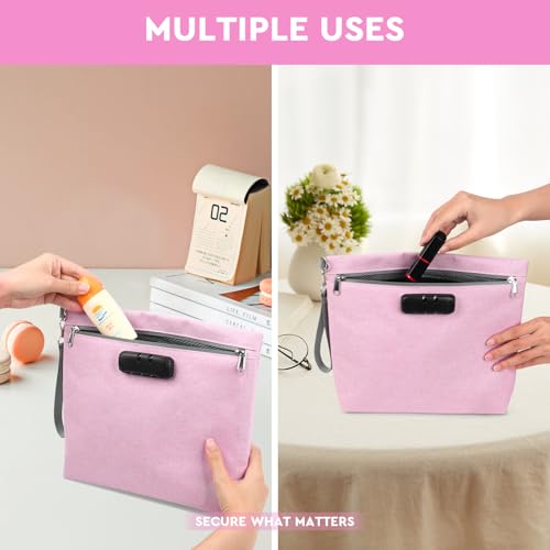 Pink Medium Size Smell Proof Bag with 10 PCS Small Accessories, Water-Resistant Cosmetic Pouch with Combination Lock, Premium Organizers Storage Case, Great Gift for Women.