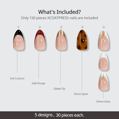 BTArtboxnails X LONGHAIRPRETTYNAILS Press On Nails - Whispers of Glamour, 5 Designs Mix Match Medium Almond French Tip Press On Nails, 150 Pcs Salon Quality Soak Off Soft Gel Nail Tips in 15 Sizes
