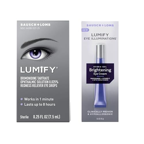 Lumify Redness Reliever Eye Drops 0.25 fl oz and Lumify Brightening Cream 0.5 fl oz, Hypoallergenic Eye Care Bundle