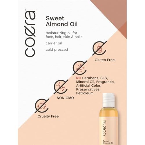 Coera Sweet Almond Oil 4 fl oz | For Hair, Skin, Face, and Nails | Cold Pressed & Hexane Free | Carrier Oil | Free of Parabens, SLS, & Fragrances