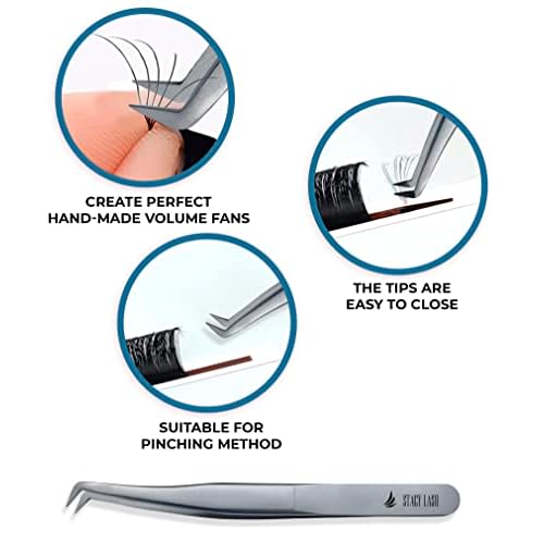 Stacy Lash STL-9 Eyelash Extension Tweezers/Precision Tool for Volume Extensions & False Lashes Application & Premade Fans/Curved Tweezer Tip/Beauty Accessories/Eyelashes Supplies
