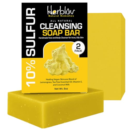 Cleansing 10% Sulfur Soap Bar for Face & Body ? Natural Shine Control Facial Cleanser for Acne, Oily Skin ? Made in USA Healing Skincare Wash with Lemongrass, Tea Tree Oil, Vitamin E, Coconut Milk