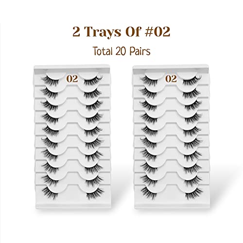 CB Value Pack 20 Pairs/ 2 Trays 3D Fluffy Half Lash Strip, 3/4 Length Cat-Eye False Eyelashes, Black Band Natural Look Wispy Soft Strip Lashes, Multiple Styles, 02 x 2 Trays