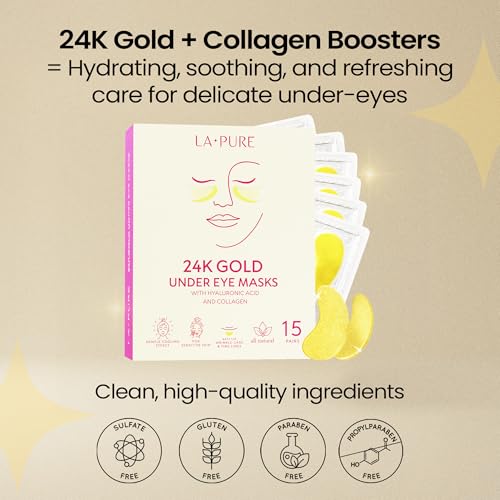 LA PURE 24k Gold Under Eye Mask for Dark Circles and Puffiness, Revitalizing & Non-Irritating Anti Aging Eye Patches with Hyaluronic Acid & Collagen - Dermatologically Tested - 15 Pairs Eye Gel Pads