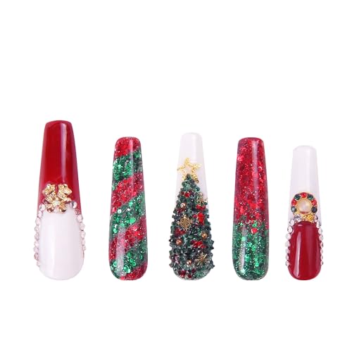 LOVFUL Press on Nails Merry Christmas| Handmade with Full Covered Crystals | Reusable Fake Nails | Coffin Mid Length 1.7 in | H78-L