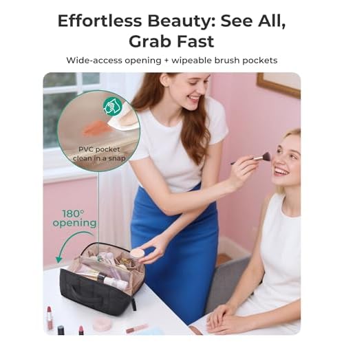 BAGSMART Travel Makeup Bag for Women, Portable Water-resistant Cosmetic Case, Puffy Padded Make Up Organizer Pouch, Open Flat Toiletry Bag for Toiletries, Brushes, Leopard
