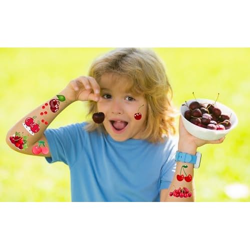 200 PCS Cherry Temporary Tattoo Sticker Fruit Theme Birthday Cute Class School Prizes Baby shower First birthday Party Decorations Supplies Favors Tattoo