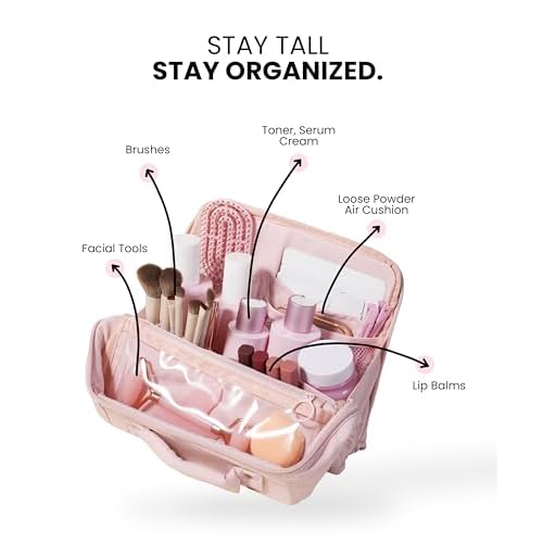APT 1101 Standing Makeup Bag, Travel Makeup Organizer with Magnetic Fold-Down Design, Portable makeup Case with Compartments for Brushes & Tools (Light Pink)