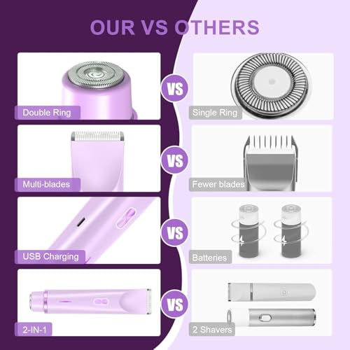 Bikini Trimmer for Women Dual Head,Painless Electric Razors,Bikini Shaver for Pubic Hair, Face, Legs(Lavender Purple)