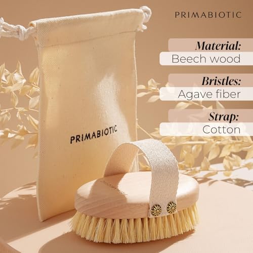 Primabiotic Body Massage Brush with Pouch ? Eco-Friendly Product from Europe ? Beech Wood & Agave Fibers ? Oval Handle with Cotton Strap ? Ideal for Dry Massage and Cellulite Reduction