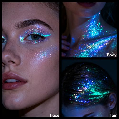 12 Colors Glow in The Dark Glitter Gel,Makeup Chunky Fine Glitter for Women, UV Black Light Body/Face/Hair/Eyeshadow for Halloween Makeup Raves Festivals