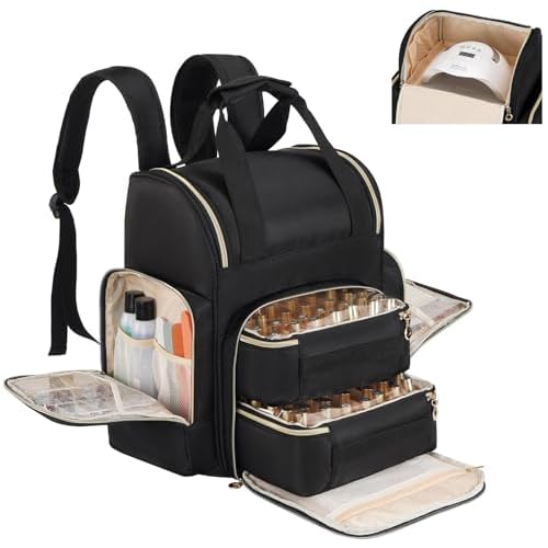 Hautton Nail Polish Organizer Holds 84 Bottles & Lamp, Extra Large Nail Kit Supplies Storage Bag with 2 individual drawers, Portable Nail Organizers Travel Case for Manicurist -Black