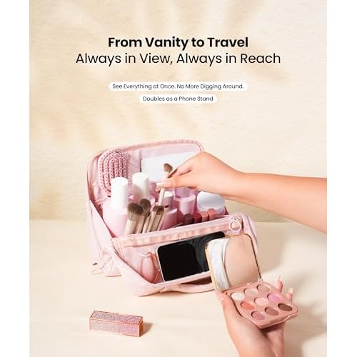 APT 1101 Standing Makeup Bag, Travel Makeup Organizer with Magnetic Fold-Down Design, Portable makeup Case with Compartments for Brushes & Tools (Light Pink)