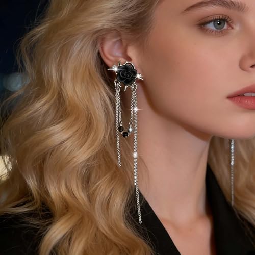 Punk Black Rose Flower Earring Long Rhinestone Chain Drop Earrings Silver Cz Tassel Ear Cuff Jewelry for Women