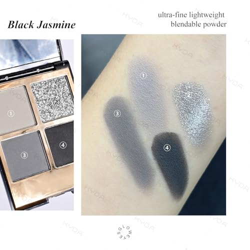 KYDA 4 Colors Smoky Grey Eyeshadow Palette, Dark Grey Black Eyeshadow, Dark Tone Glitter Eyes Shadow, Ultra-fine Lightweight, High Pigment Eyes Glitter Makeup Mini Eyes Palette
