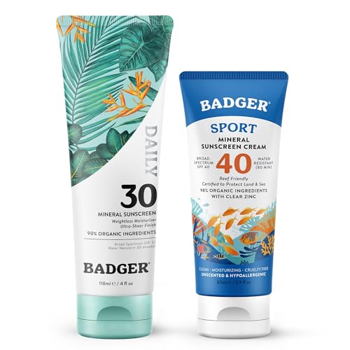 Badger Sport & Daily Sunscreen Bundle - SPF 40 Sport Mineral Sunscreen, SPF 30 Daily Mineral Sunscreen, Reef-Friendly Sunscreen with Zinc Oxide