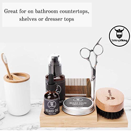 Striking Viking Bamboo Beard Kit for Men - 7.3 in x 4.5 in x 1 in - Portable Grooming Caddy Organizer for Beard Balm & Oil Products - With Scissors & Comb Brush Holder