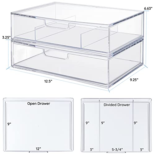 STORi STAX Plastic Stackable Organizer Drawers (Set of 2) Clear | 12.5" Wide | Set Includes One Open Drawer & One Divided Drawer | Organize Office Desk Accessories & Sort Paper | Made in USA