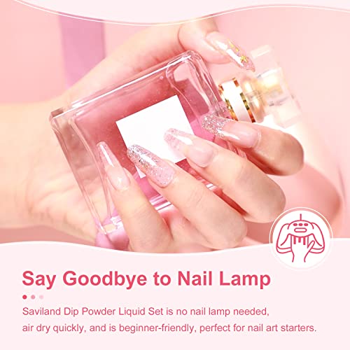 Saviland 60g Clear Dip Powder & 15ml Liquid Set with Base/Top Coat, Activator, Brush Saver, Nail File Necessary Tools for Dip Powder Nail Set No Nail Lamp Needed, Beautiful Gift for Ladies