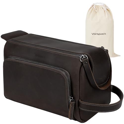 Vorspack Genuine Leather Toiletry Bag for Men - Water Resistant Travel Bag for Toiletries, Essentials, Accessories - Dark Brown