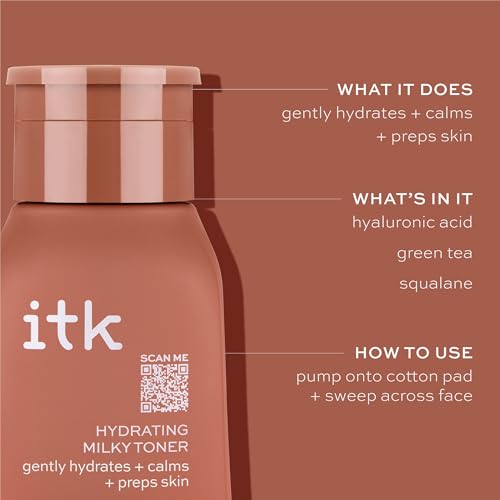 ITK Hydrating Hyaluronic Acid Milky Face Toner for Dry Skin + Redness with Green Tea + Squalane - Prep, Tone + Calm Skin for Women - Soothing Vegan Moisturizing Facial Toner - 5 oz.