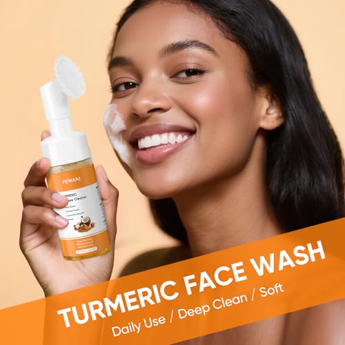 femani 2pcs Glow Wash Turmeric Face Wash With Brush, Deep Cleansing Exfoliating Foaming Facial Cleanser, Improve Skin Condition