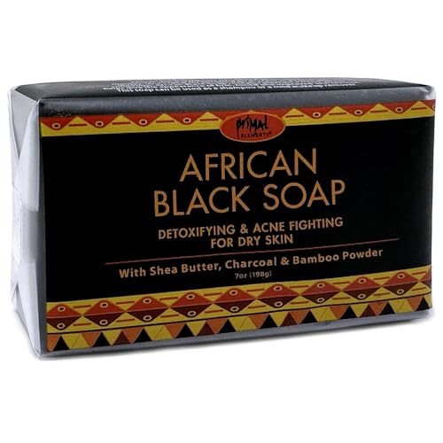 Primal Elements African Black Soap with Shea Butter and Charcoal for Dry Skin, Detoxifying and Acne Fighting, 6 Pack