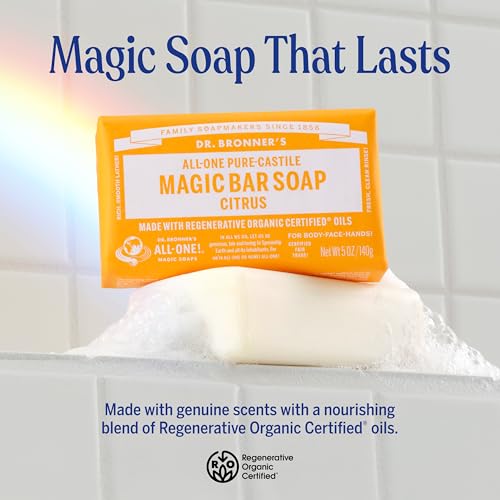 Dr. Bronner's Pure Castile Bar Soap - Made with Organic Oils, For Face, Body and Hair, Gentle and Moisturizing, Biodegradable, Vegan, Cruelty-free, Non-GMO, Multi, Citrus Orange, 5 Oz