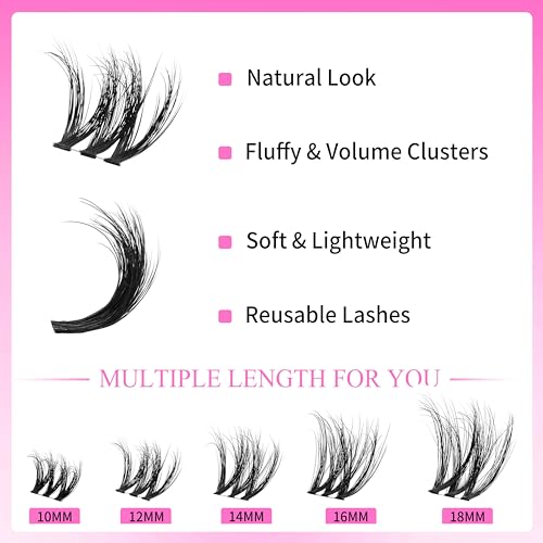 VEYESBEAUTY Lash Clusters Fluffy Individual Lash Extensions VBmuse 3D Layered Volume Eyelashes Thin & Invisible Band Wispy Faux Mink Lash Silk Bloom 3D Series Mixed Length 10-18mm