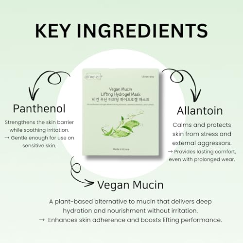 VeganMucin Lifting Hydrogel Korean Face Mask 3 EA, Improves Skin Texture, Glowing Skin, Made in Korea