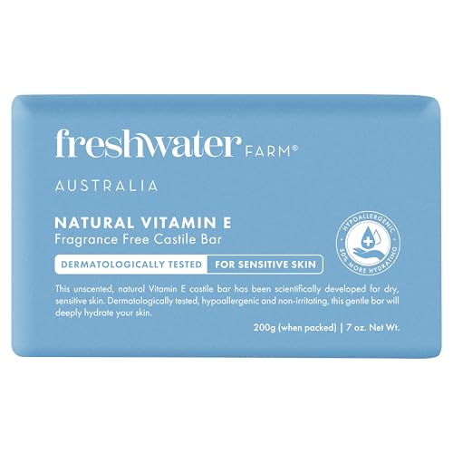 Freshwater Farm Australia Soothing Castile Natural Body Bar/Soap Bar for Women/Men- Moisturising Natural Vitamin E Soap. Nourishing Essential Oils For Dry, Sensitive Skin-200g x 8 Pack