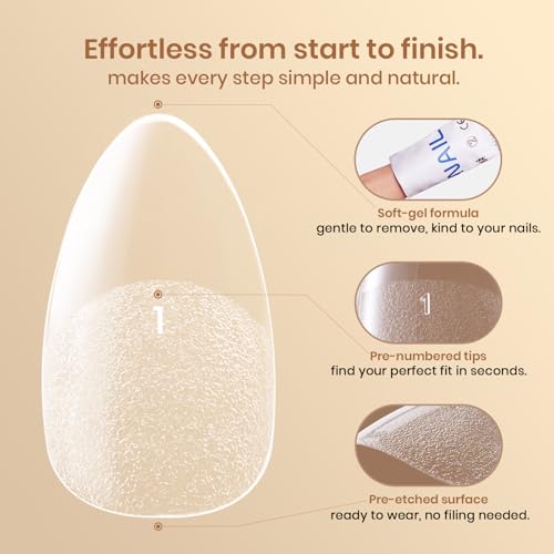 Beetles Flat-X Gel Nail Tips - Short Almond Press-On Nails 16 Sizes 320 pcs | Pre-Etched Half-Matte Full-Cover Soft Gel Tips Fake Nail for Flat & Natural Nail Beds - Easy DIY Salon