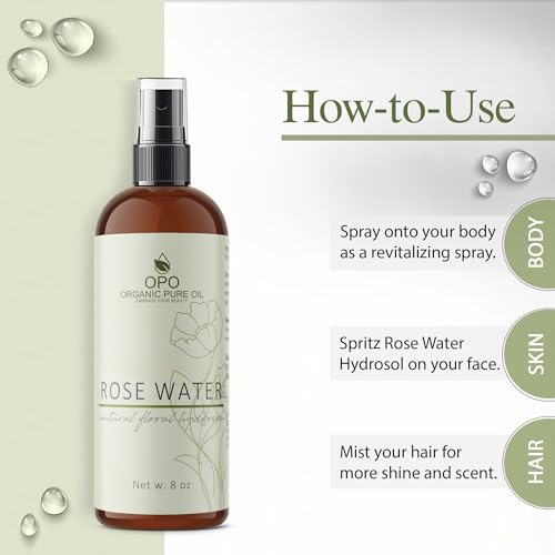 8oz Rose Hydrosol Water - 100% Pure Rose Hydrosol Cleanser - Hydrating Facial Toner Rose Water for Skin Face and Hair, Linen for Sheets, Room Freshener, Body Fragrance by Organic Pure Oil