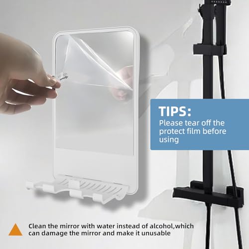 Shower Mirror for Shaving Fogless with Multifunctional Storage for Razor and Shaving Foam Canister, Adhesive or Screw Optional Installation,Adjustable Angle, White