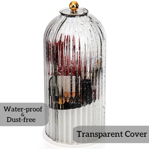 Makeup Brush Holder Organizer with Lids, 360¡ÆRotating Clear Dustproof Make Up Brush Container Box, Vanity Spinning Cosmetic Tools Storage Cup for Desktop Office Bathroom Countertop