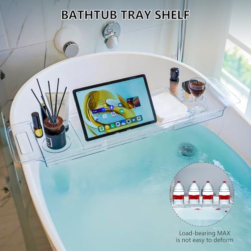 Expandable Bathtub Tray (22-31") - Transparent Bath Caddy with Non-Slip Pads, Adjustable Spa Table for Wine, Books & Phone, Perfect Housewarming for Women