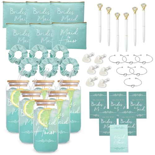 42 pcs Bridesmaid gifts bridesmaid proposal gifts, Maid of Honor Gifts contain 16oz Glass Cups Cosmetic Makeup Bags Invited Cards Scrunchies Hair Knotted Bracelets Diamond Pens love clip (Green)