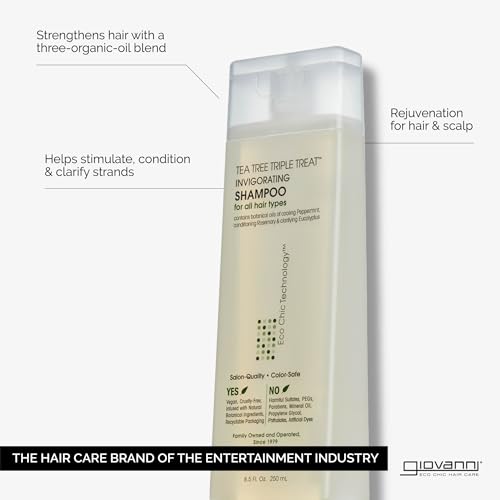 GIOVANNI Tea Tree Triple Treat Invigorating Shampoo - Cooling Peppermint, Eucalyptus & Rosemary, Strengthen & Rejuvenate Hair & Scalp, Salon Quality, Paraben Free, Tea Tree Shampoo - 8.5 oz (3 Pack)