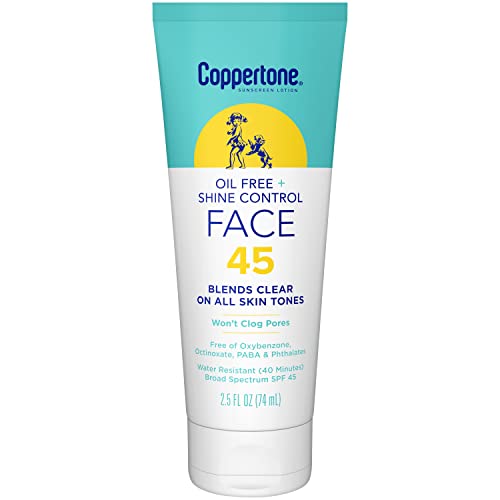 Coppertone Oil Free + Shine Control Sunscreen Face Lotion SPF 45, Lightweight Sunscreen for All Skin Tones, Won't Clog Pores, Fragrance Free, 2.5 Fl Oz Tube