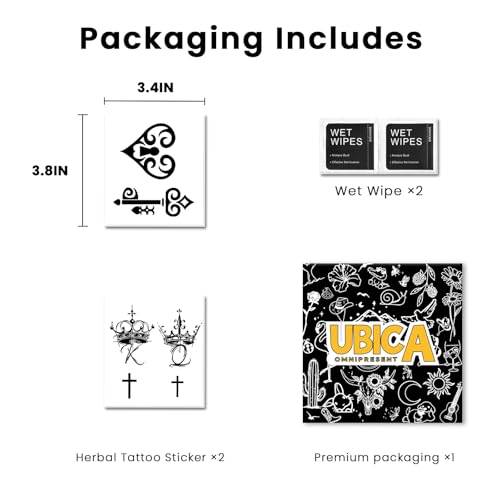 Semi Permanent Tattoo for Women Men, 2 Sheets Realistic Temporary Tattoos, Lasts 2 Weeks Fake Tattoo for Arm Wrist, Waterproof Non-Reflective, Heart Lock Key & Elegant Crown Cross Couple Tattoos