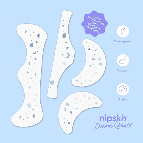 Nipskin Dream Chaser Stick-On Face & Body Art Patches ? Metallic Sky Blue Moons, Clouds & Stars ? Sweat-Proof, Soft on Skin ? 4 Pieces