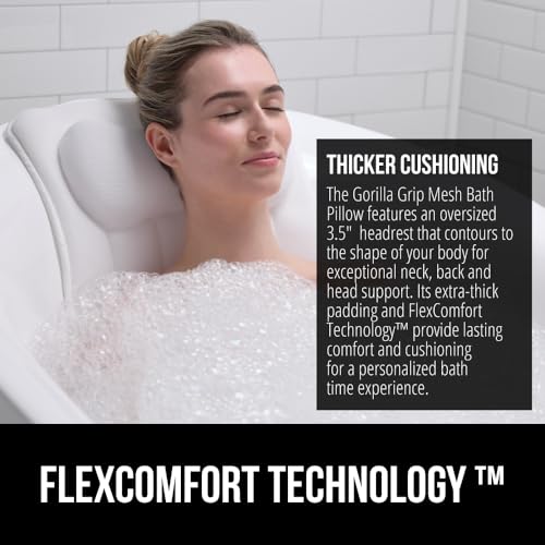 GORILLA GRIP Bath Pillow for Tub, Strong Suction Cups, Headrest with Mesh FlexComfort Technology, Neck, Head and Back Support, Luxury Machine Wash Bathtub Pillows, Spa Essential Accessories, White