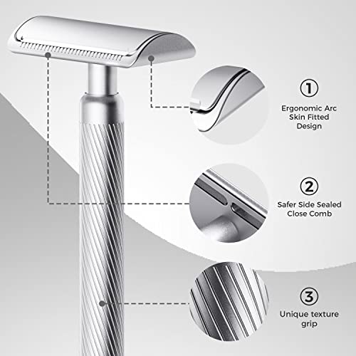 ZOMCHI Double Edge Safety Razor for Men & Women,[New Version 2.0 ] Metal Razor with 10 Double Edge Safety Razor Blades,Single Blade Razor ? Noble Silver